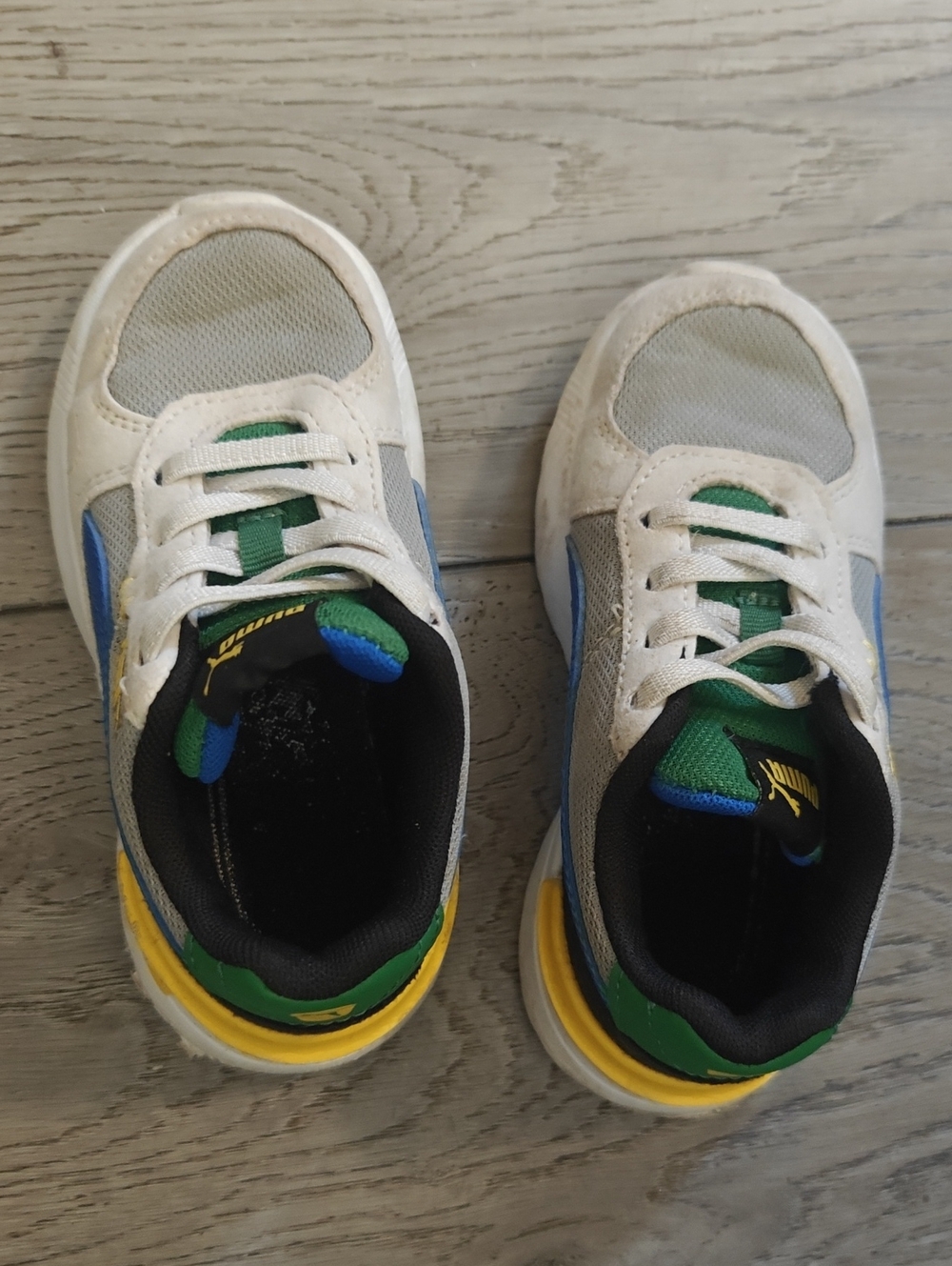 Puma Kids Boy's White, Blue & Green Sneakers with Yellow Accents